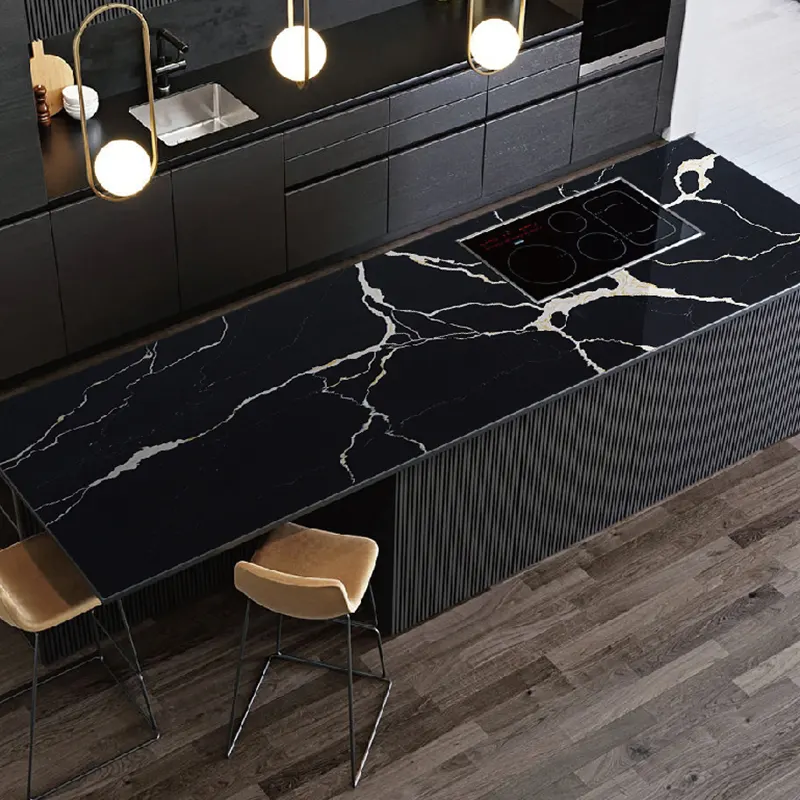 Marble-Look Black Engineered Quartz Slab 3200x1600mm