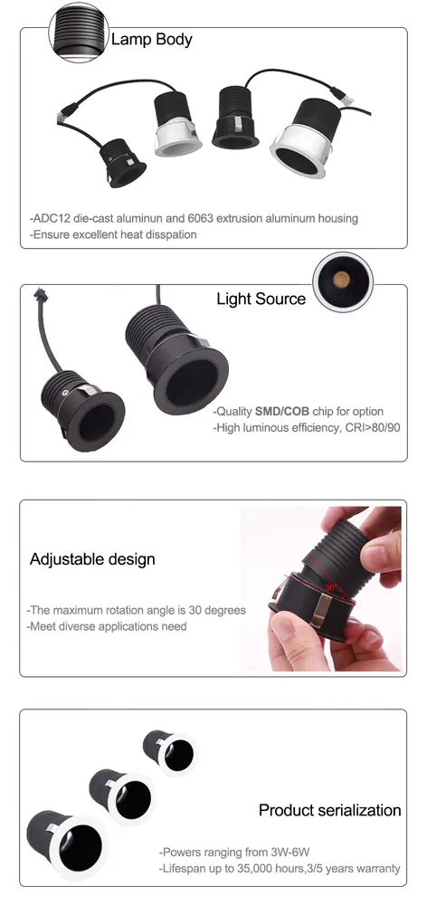 Adjustable Dimmable Recessed LED Downlight 3-8W