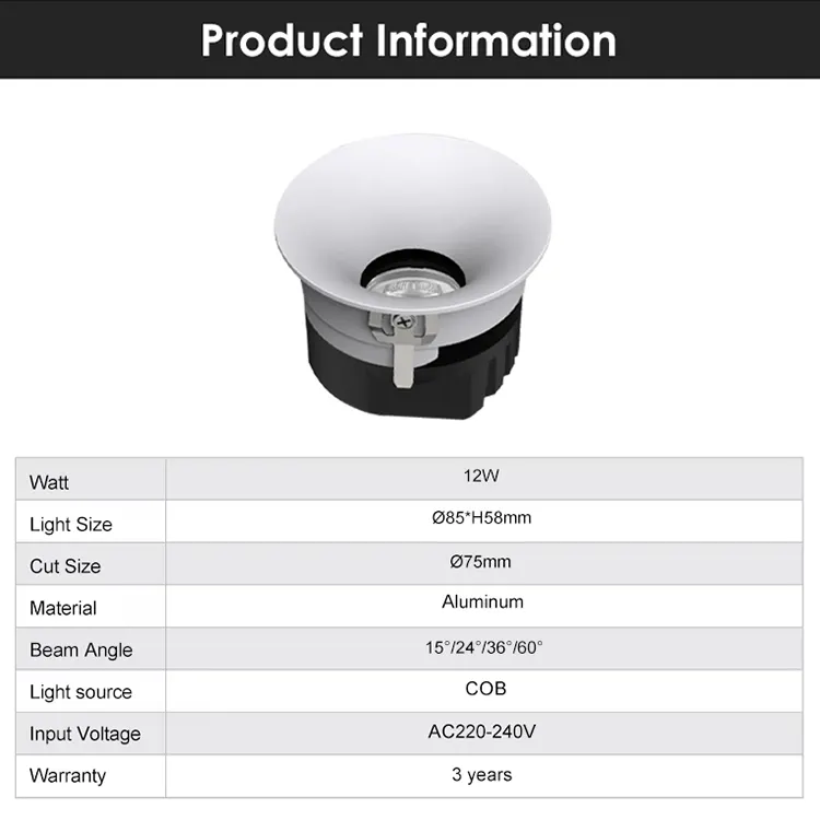 Recessed Aluminum LED Downlight Black/White 12W IP20