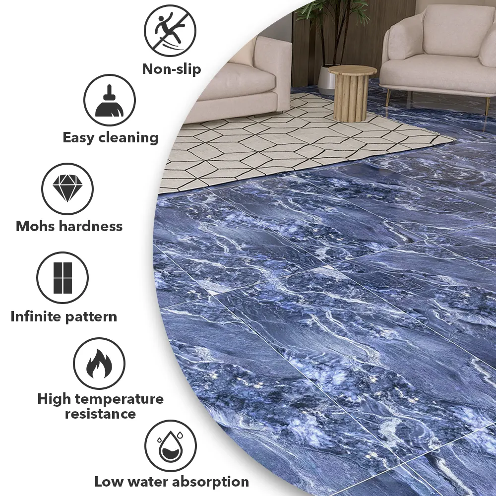 Marble-Look Blue Glazed Porcelain Floor Tile 600x1200mm