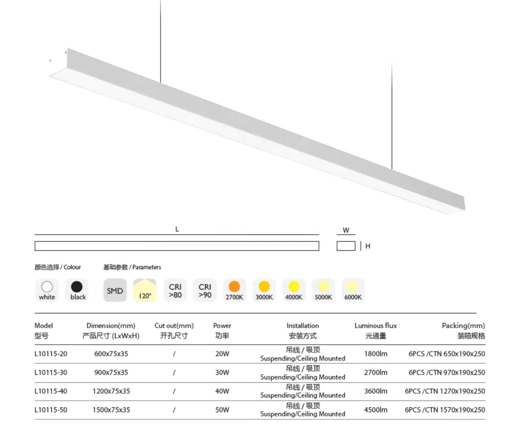 Aluminum Linear LED Pendant Light 20-50W 220V
