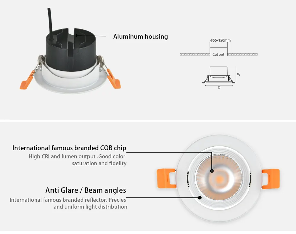 Adjustable Dimmable Recessed Round COB LED Downlight 5/12W 36V