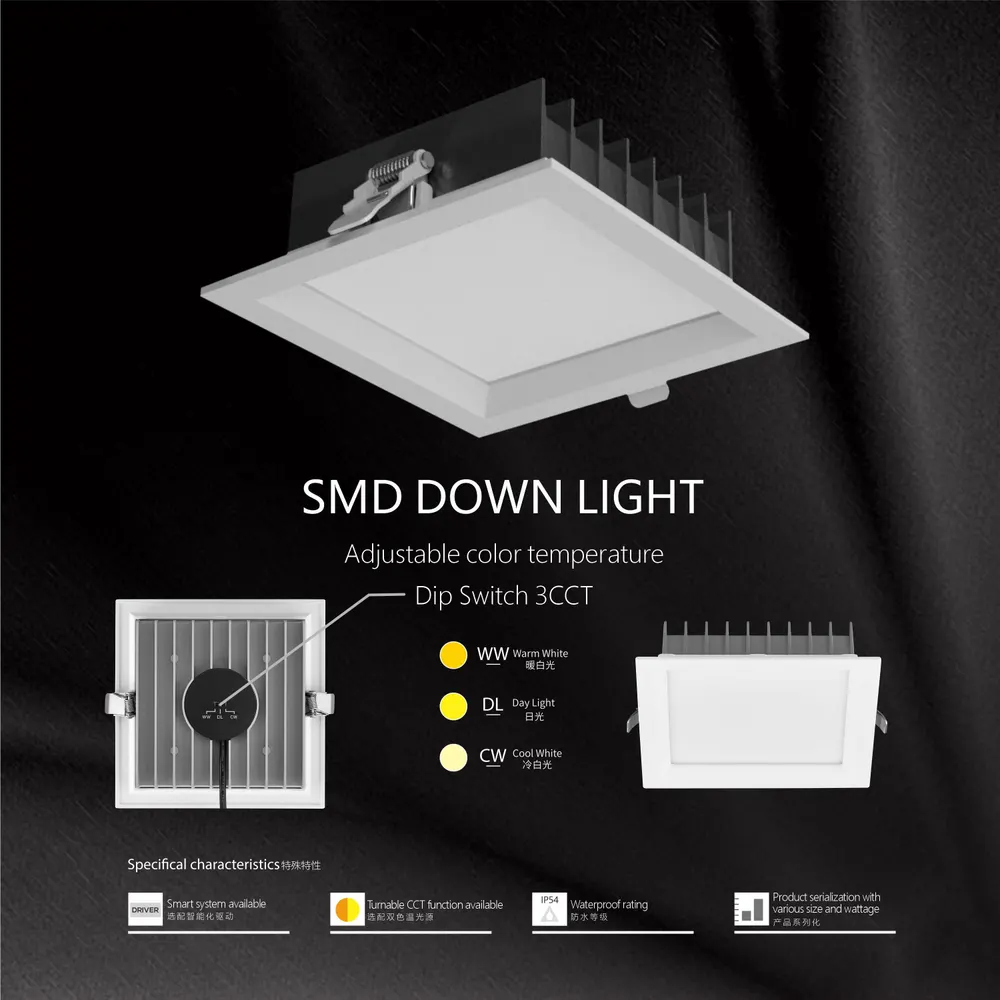 Recessed Square Aluminum LED Downlight 9-45W 2700-6500K