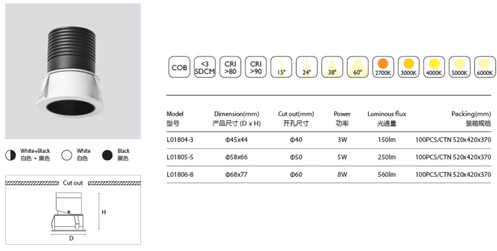 Adjustable Dimmable Recessed LED Downlight 3-8W