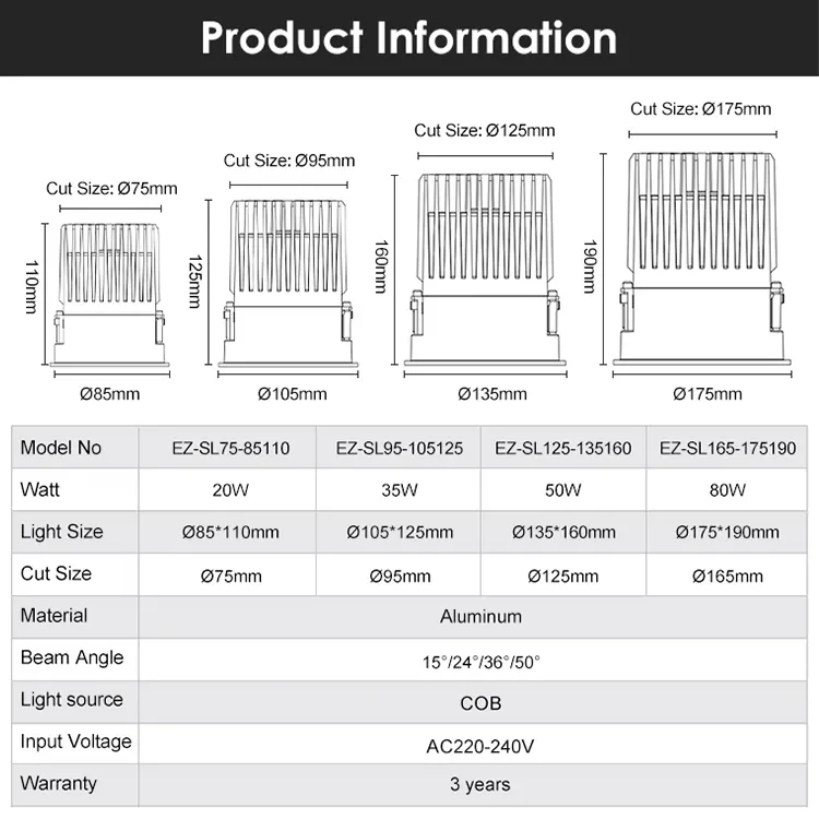Smart Recessed Aluminum LED Downlight 20-80W 220-240V product sample