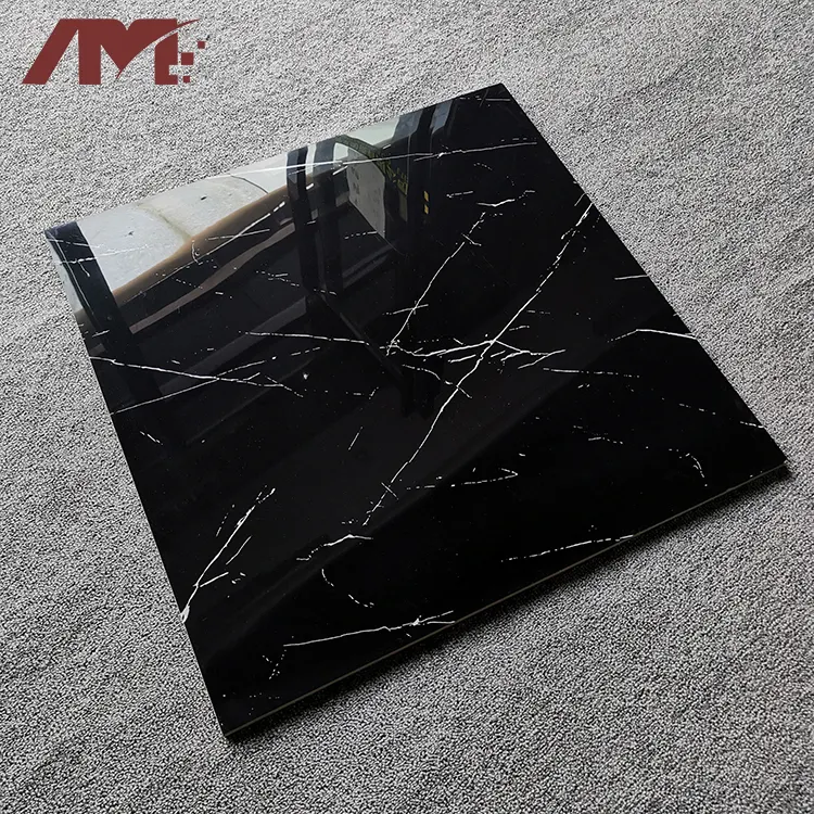 Marble-Look Black Glossy Porcelain Floor Tile 600x600mm