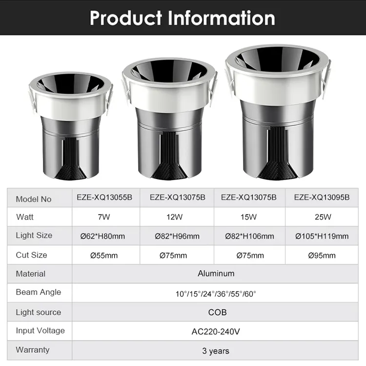 Adjustable Recessed Aluminum COB LED Downlight 7-25W