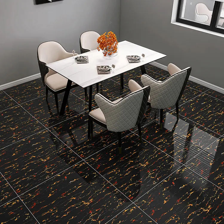 Marble-Look Black/Gold Polished Porcelain Floor Tile 600x600mm