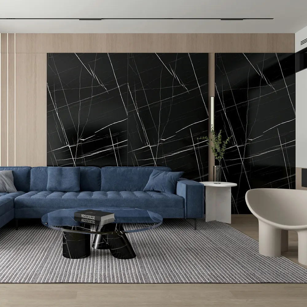 Marble-Look Black Sintered Stone Slab 1600x3200x15mm