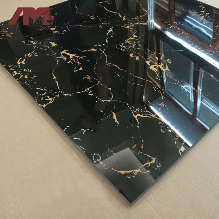 Marble-Look Black Glossy Porcelain Floor Tile 600x600mm
