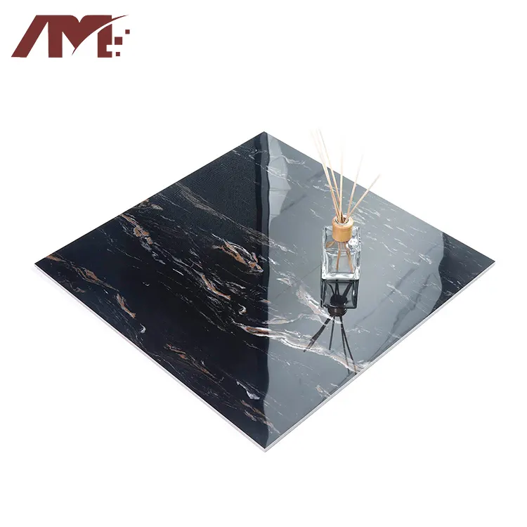 Marble-Look Black Polished Porcelain Floor Tile 600x600mm