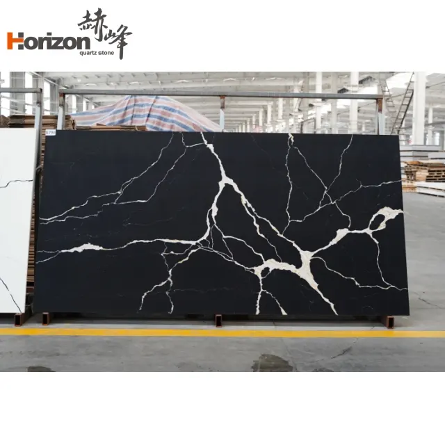 Marble-Look Black Engineered Quartz Slab 3200x1600mm