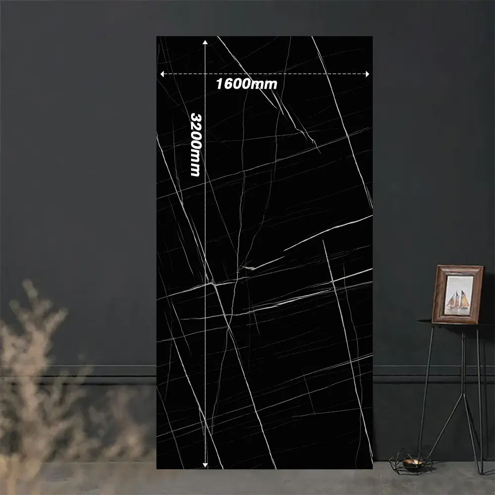 Marble-Look Black Sintered Stone Slab 1600x3200x15mm