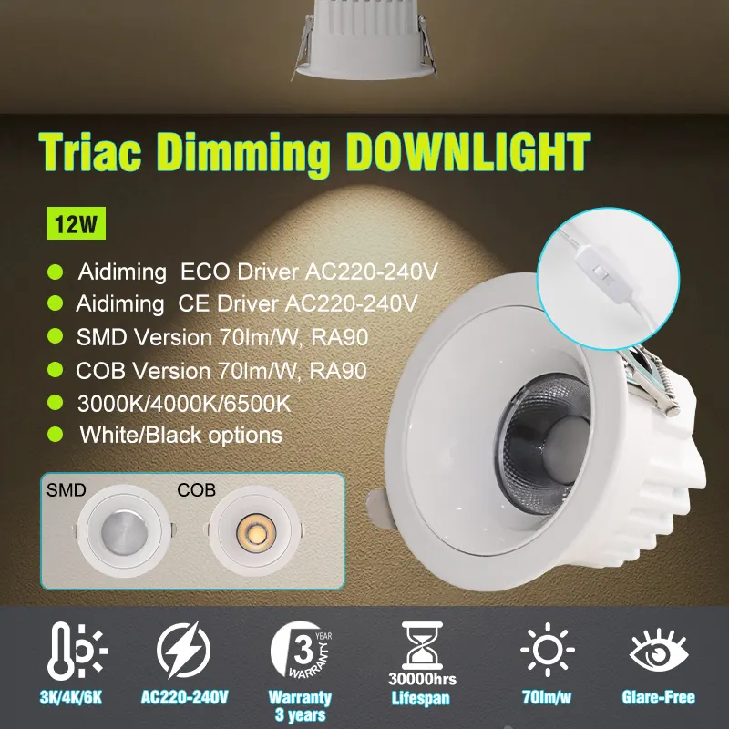 Anti-Glare Adjustable Dimmable Recessed COB LED Downlight 12W