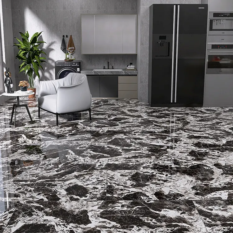 Non-Slip Marble-Look Black/White Glazed Porcelain Floor Tile 750x1500mm