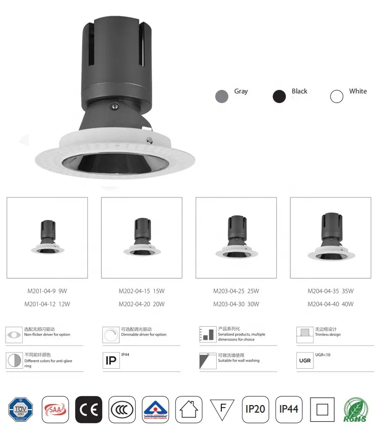 Adjustable Trimless Recessed LED Downlight 9-20W