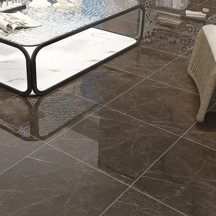 Marble-Look Brown Glossy Porcelain Wall And Floor Tile 600x600mm