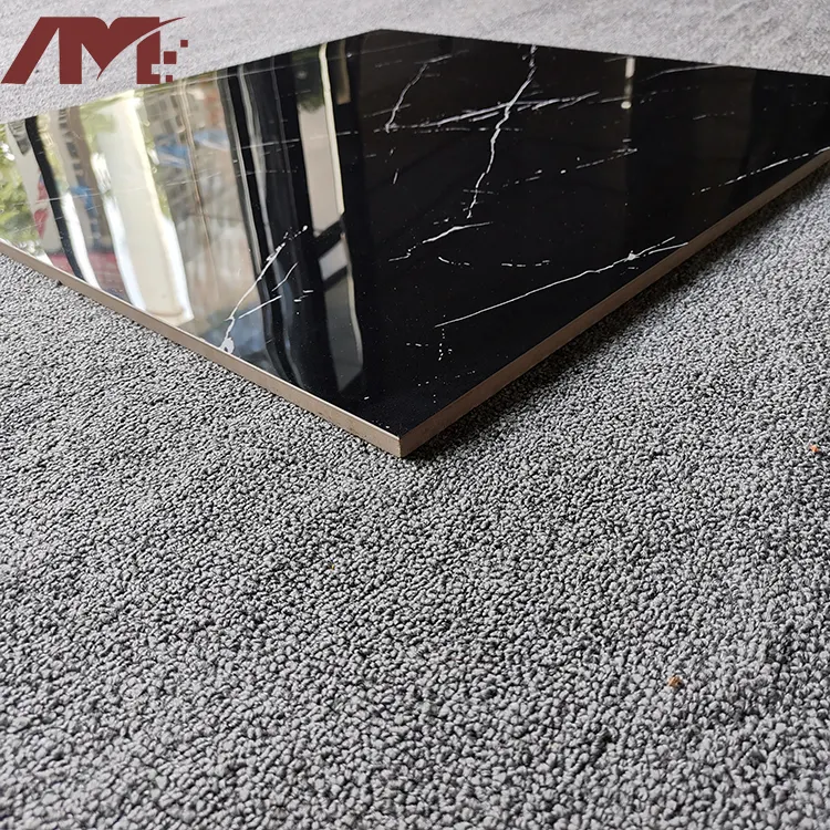 Marble-Look Black Glossy Porcelain Floor Tile 600x600mm