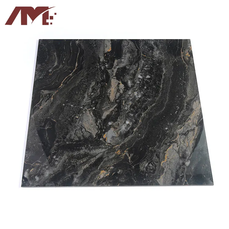 Marble-Look Black Polished Porcelain Floor Tile 600x600mm