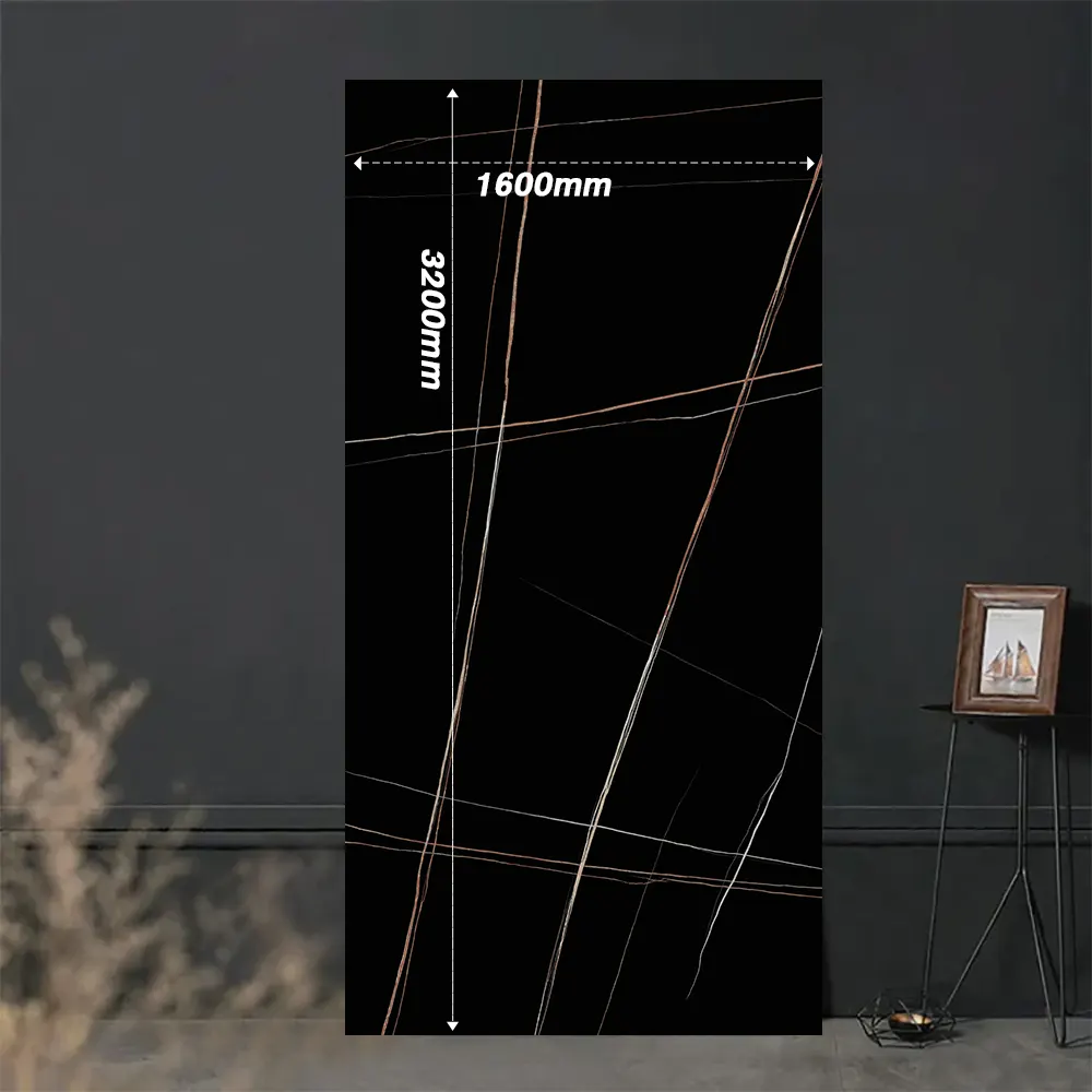 Marble-Look Black Sintered Stone Slab 1600x3200x15mm