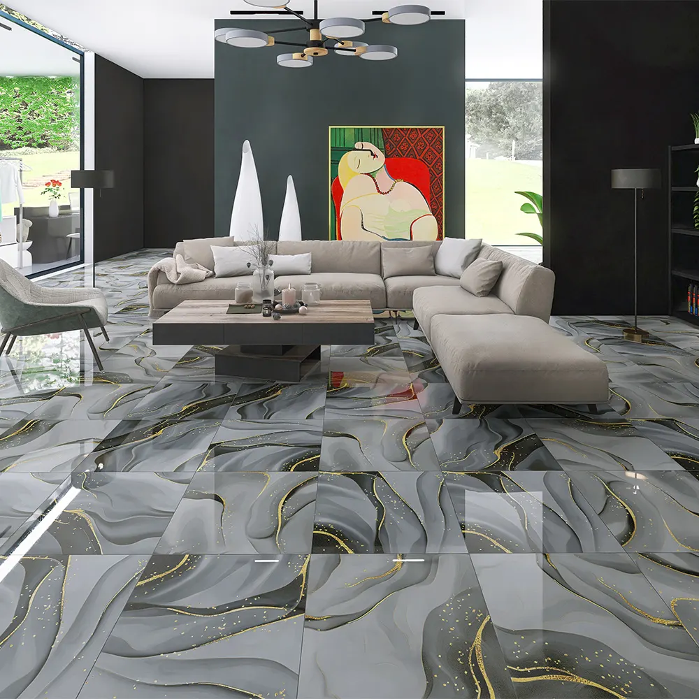 Non-Slip Marble-Look Gold Polished Porcelain Floor Tile 600x600mm