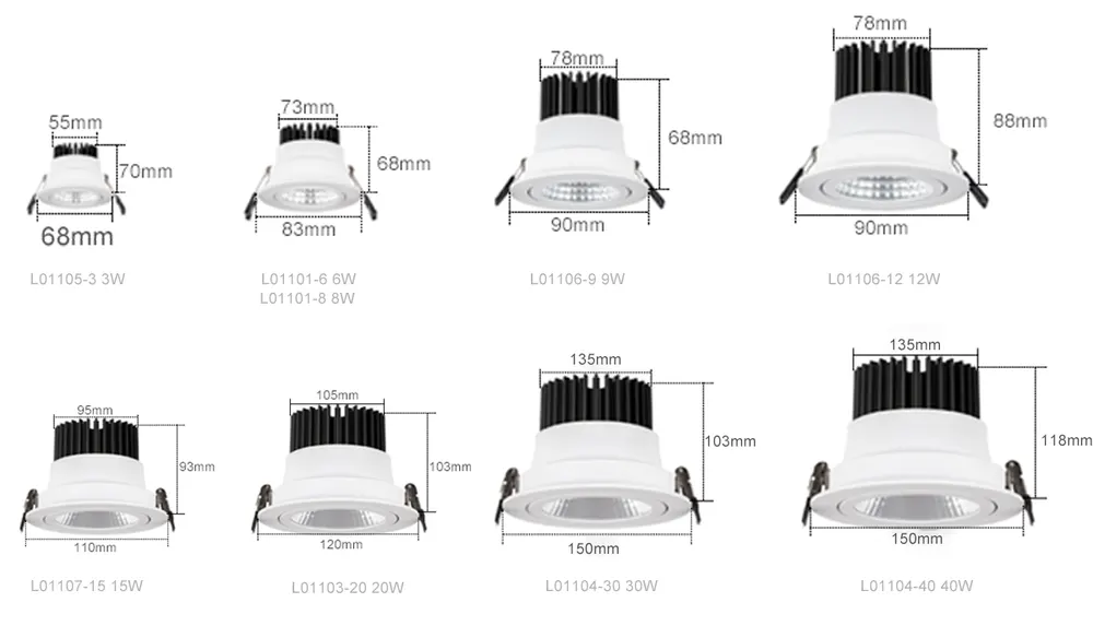 Adjustable Recessed Aluminum COB LED Downlight 3-12/40W