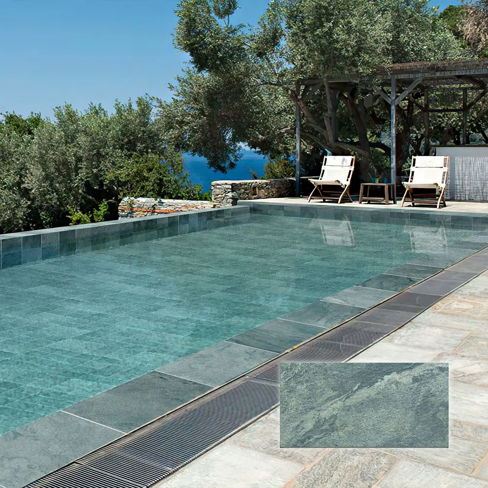 Non-Slip Marble-Look Green Matte Porcelain Swimming Pool Tile 300x600mm