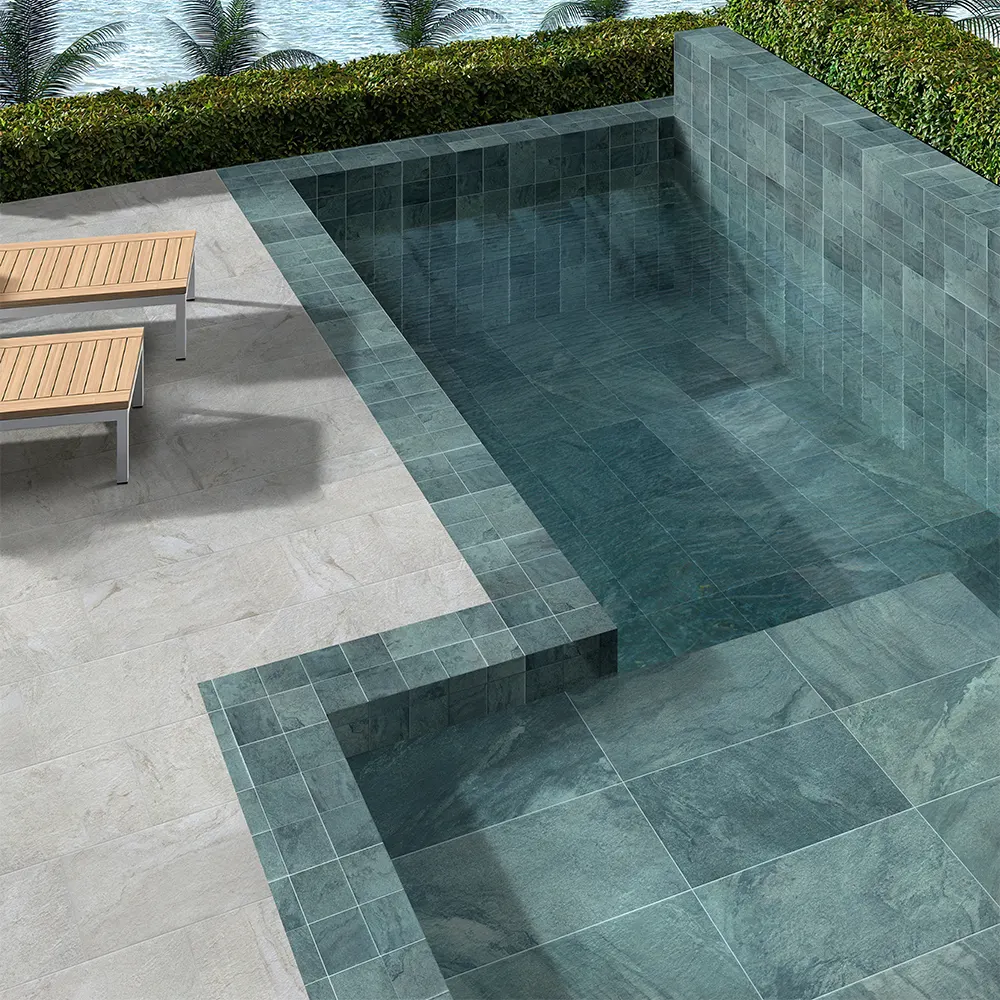 Non-Slip Marble-Look Green Matte Porcelain Swimming Pool Tile 300x600mm