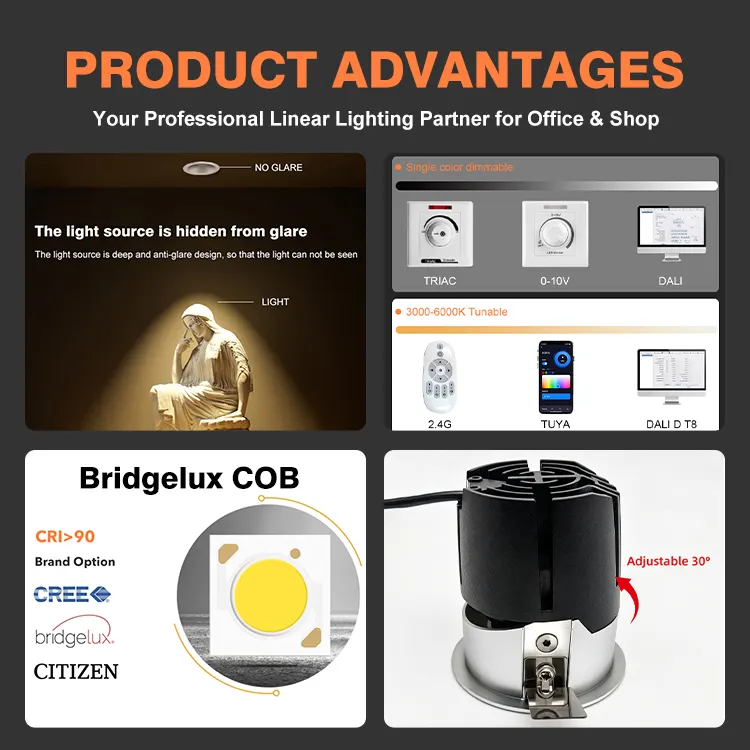 Adjustable Recessed Aluminum LED Downlight 12W IP44 2700K/3000K/3500K