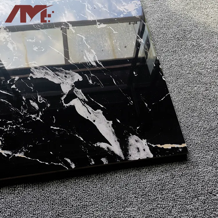 Marble-Look Black Glazed Porcelain Stair Tread Tile 600x600mm