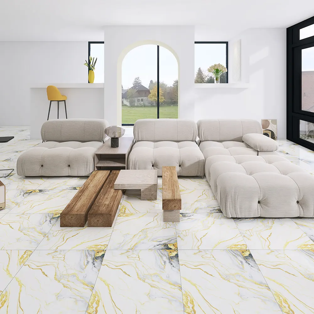 Marble-Look Gold Polished Porcelain Floor Tile 600x600mm