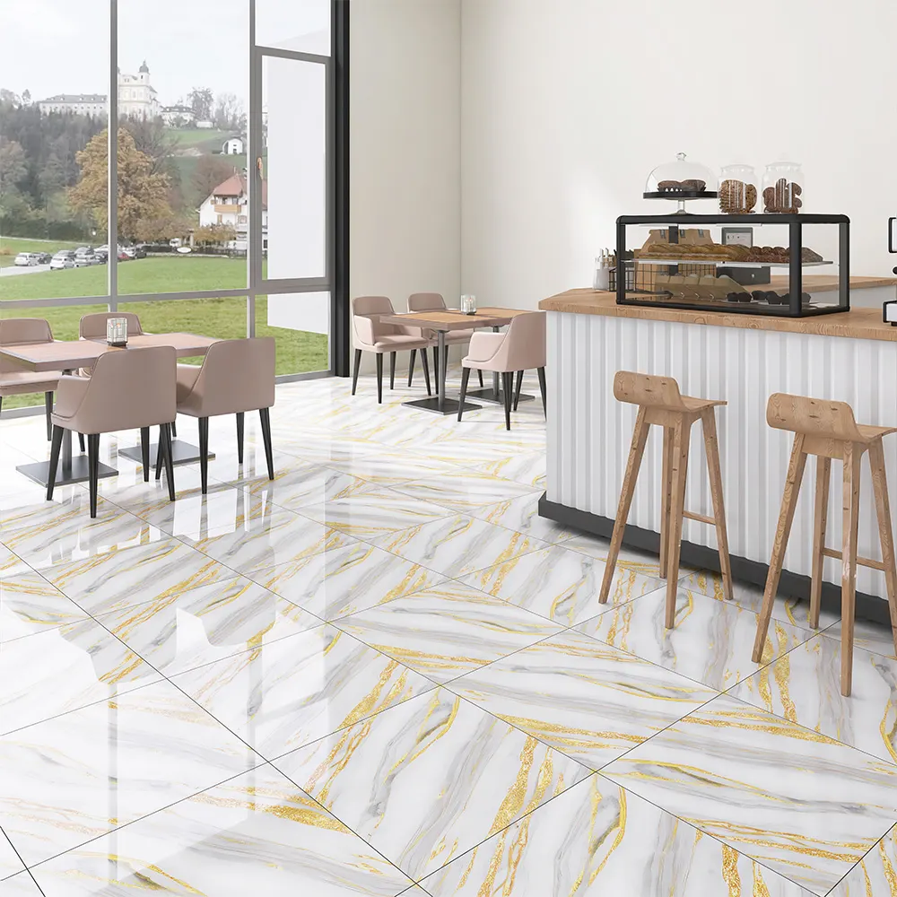 Non-Slip Marble-Look Gold Glazed Porcelain Floor Tile 600x600mm