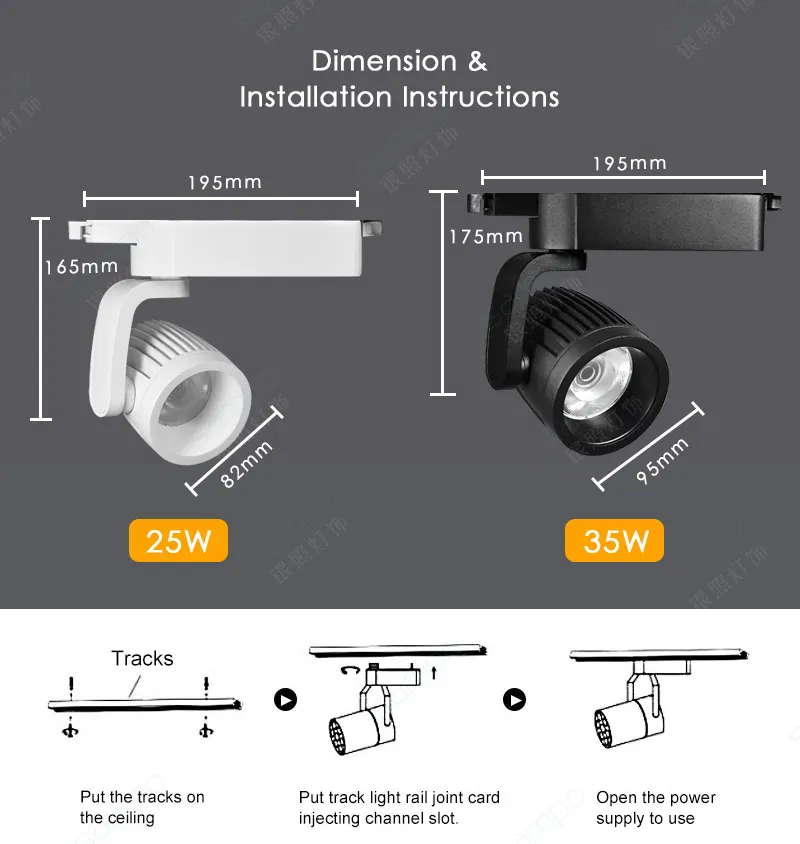 Dimmable Aluminum COB LED Track Spotlight 15-35W 3000K/4000K/6000K