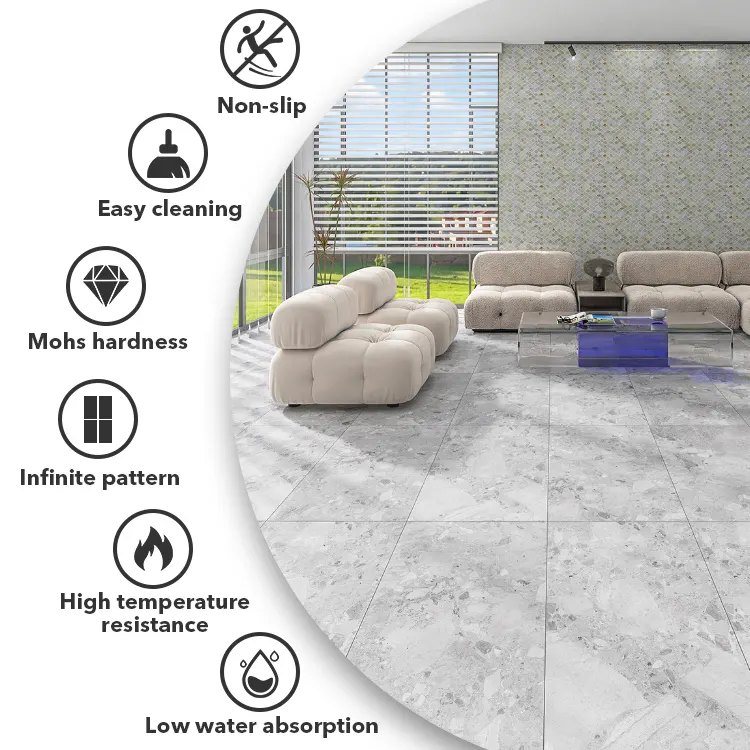 Non-Slip Marble-Look Gray Ceramic Floor Tile 600x1200mm