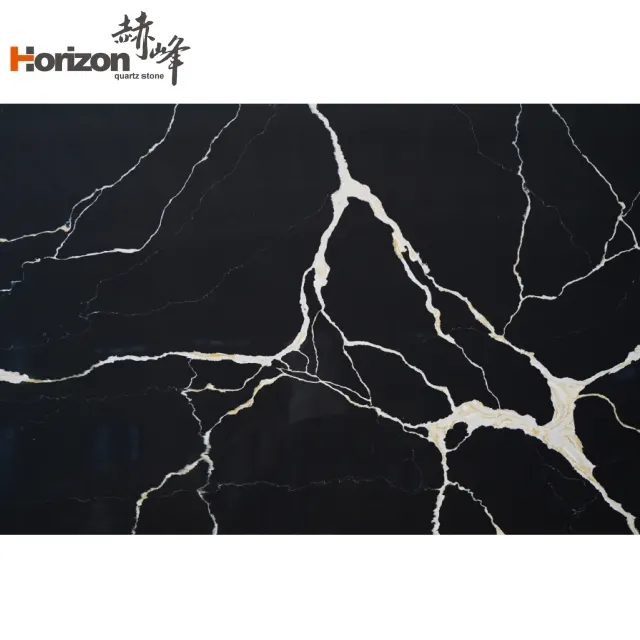Marble-Look Black Engineered Quartz Slab 3200x1600mm