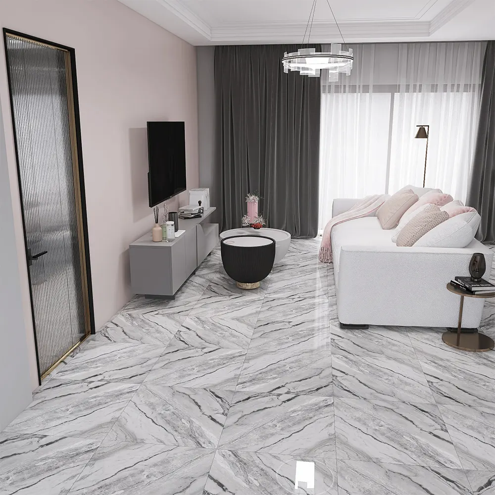 Marble-Look Gray Glossy Porcelain Floor Tile 600x600mm