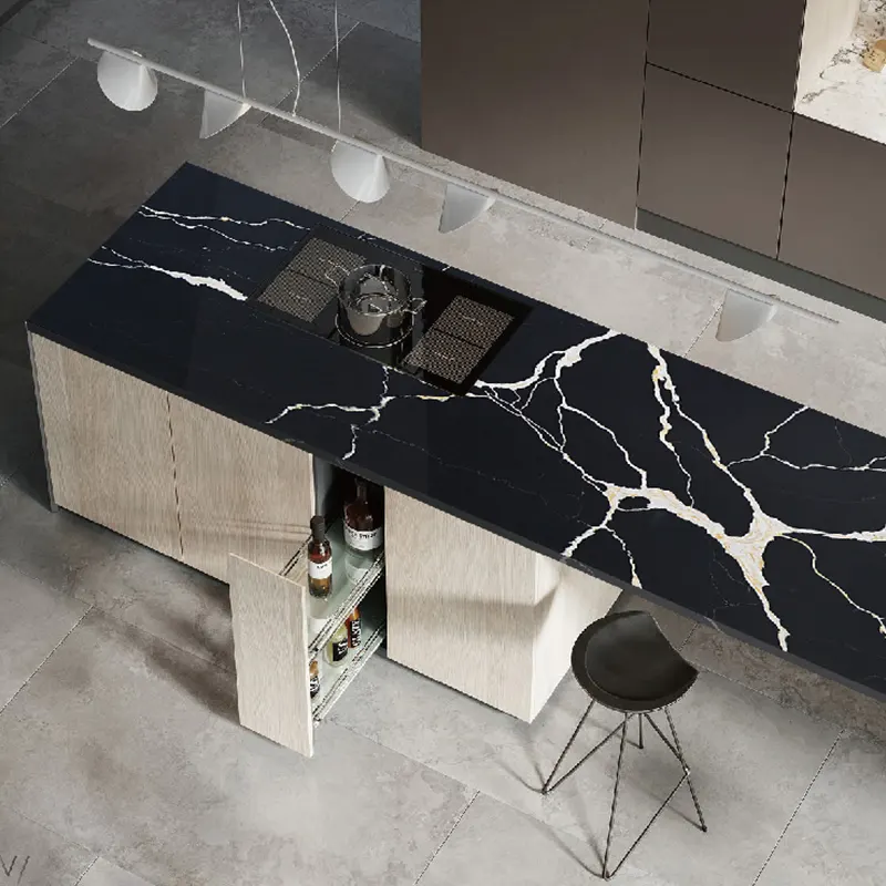 Marble-Look Black Engineered Quartz Slab 3200x1600mm