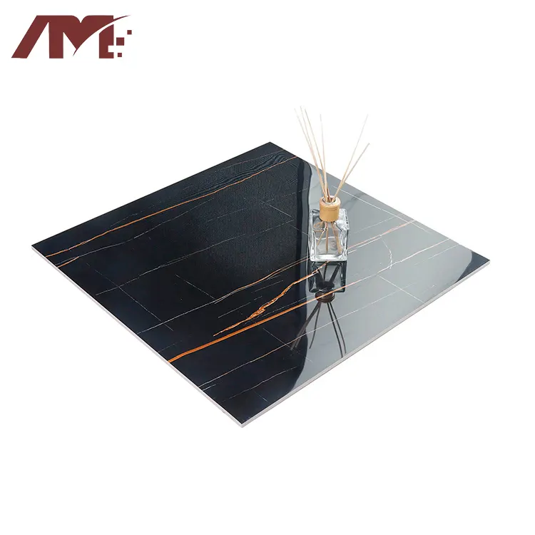 Non-Slip Marble-Look Black Polished Porcelain Floor Tile 600x600mm