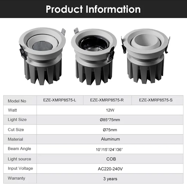 Adjustable Recessed Aluminum COB LED Downlight 12W