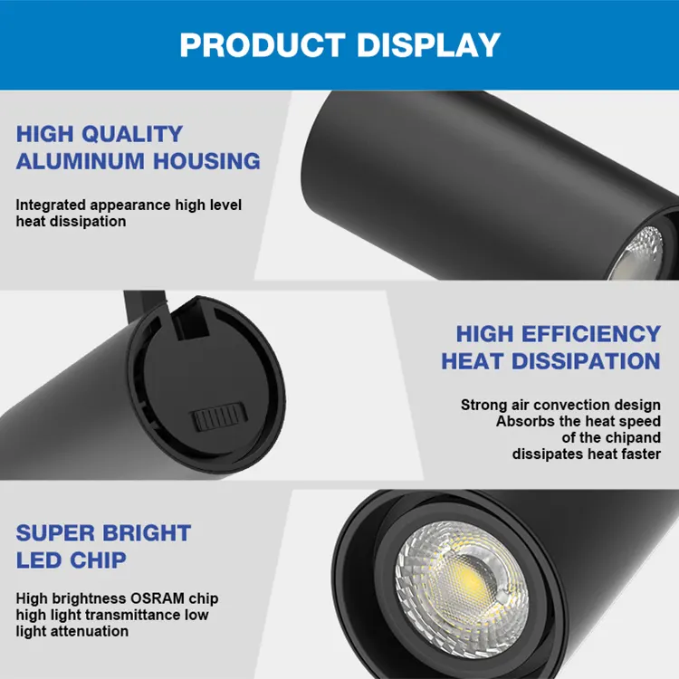 Surface-Mounted Aluminum COB LED Track Spotlight 20-40W