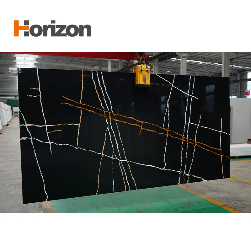 Marble-Look Black Engineered Quartz Slab 3200x1600mm