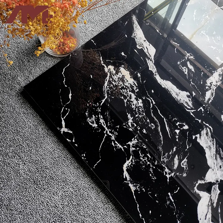 Marble-Look Black Glazed Porcelain Stair Tread Tile 600x600mm