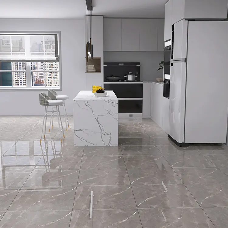 Marble-Look Light Gray Polished Porcelain Floor Tile 600x600mm