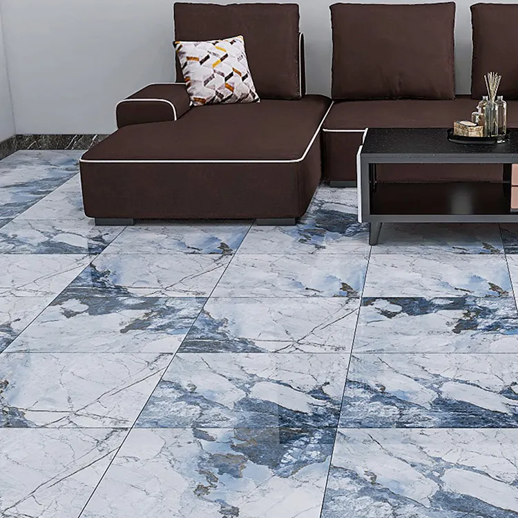 Marble-Look Blue Glossy Porcelain Floor Tile 600x600mm