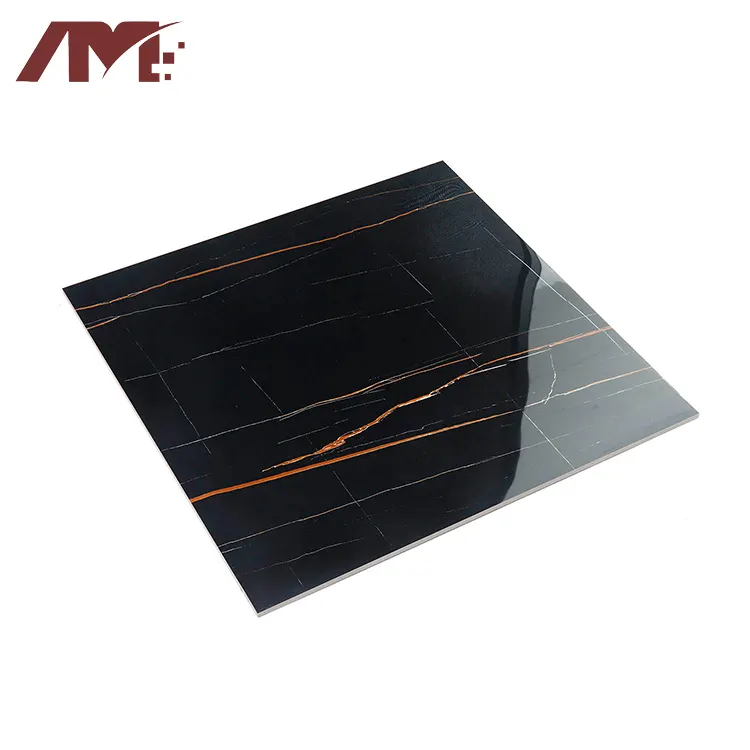 Non-Slip Marble-Look Black Polished Porcelain Floor Tile 600x600mm