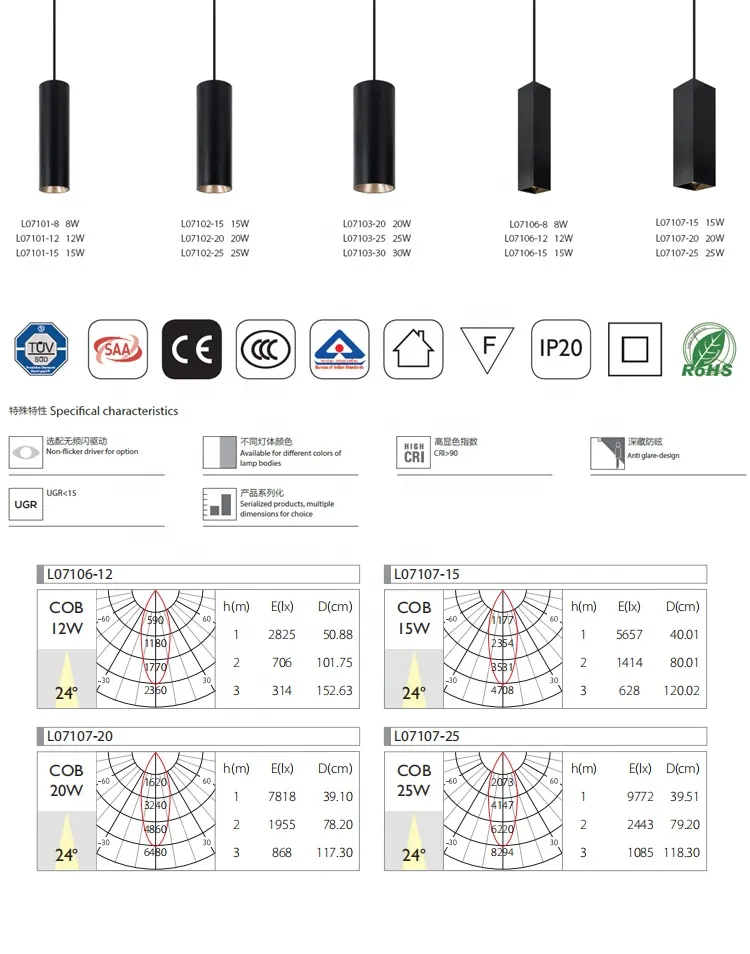 Aluminum LED Pendant Light 8x8x25cm 8-30W