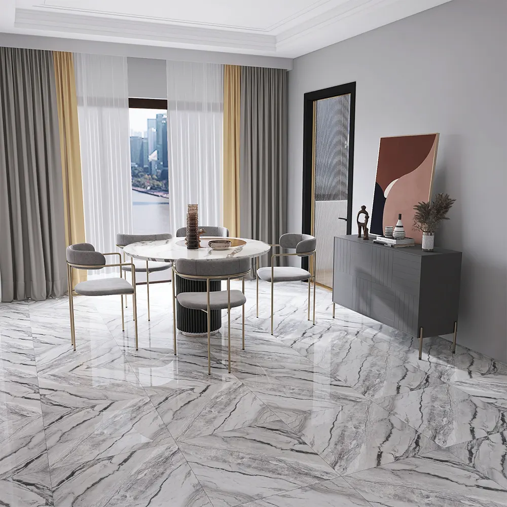 Marble-Look Gray Glossy Porcelain Floor Tile 600x600mm