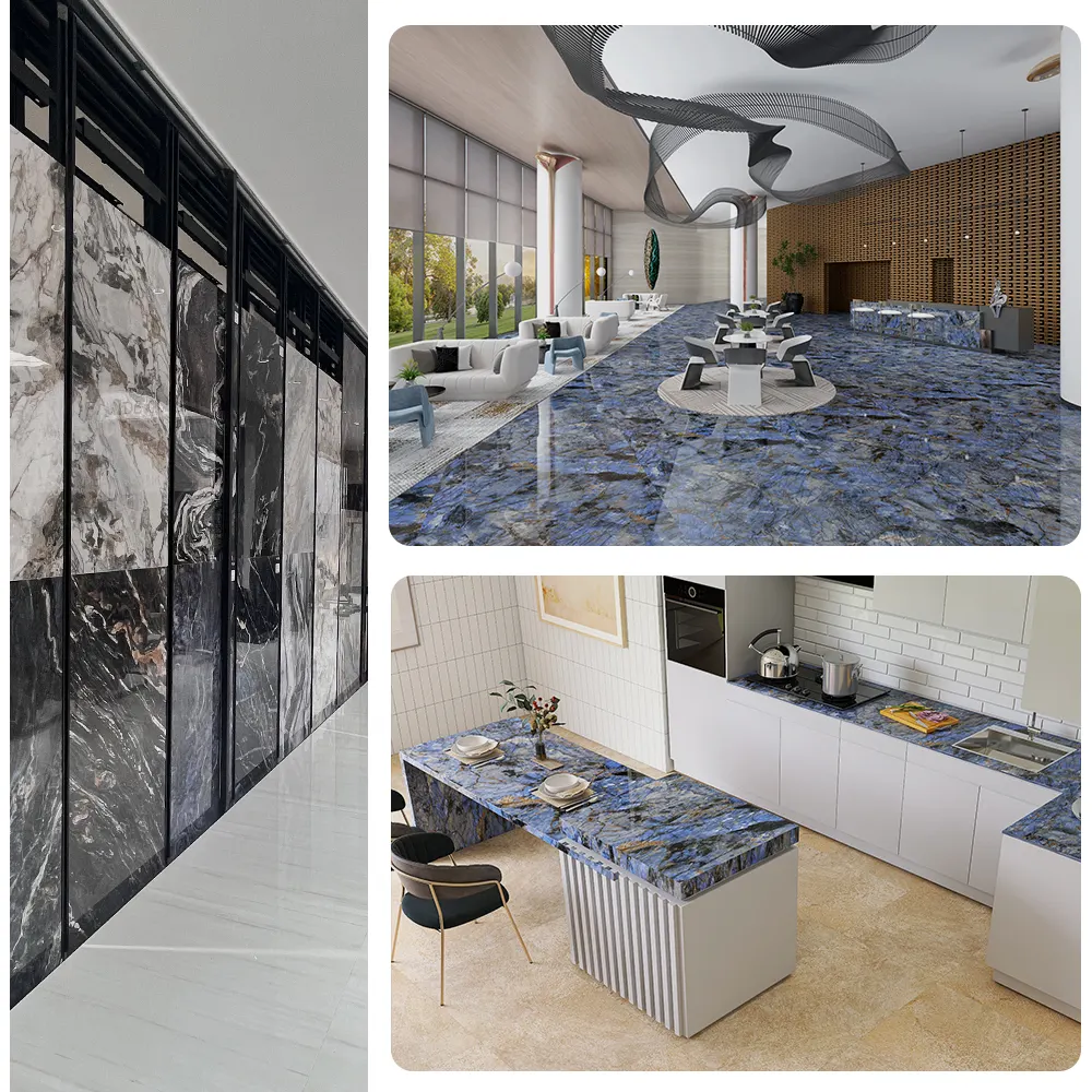 Marble-Look Blue Glossy Sintered Stone Slab 1600x3200mm