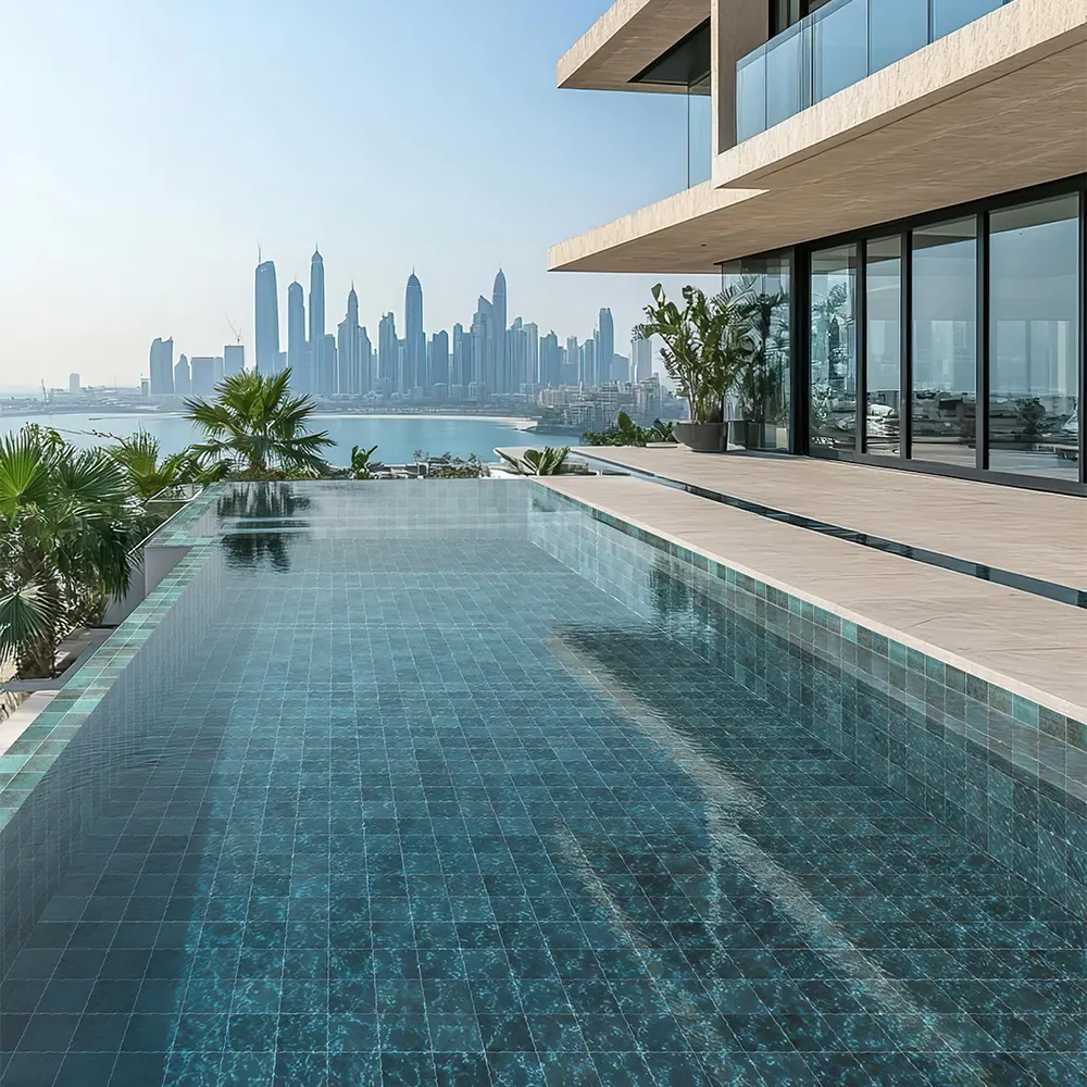 Non-Slip Stone-Look Green Porcelain Swimming Pool Tile 150x150mm