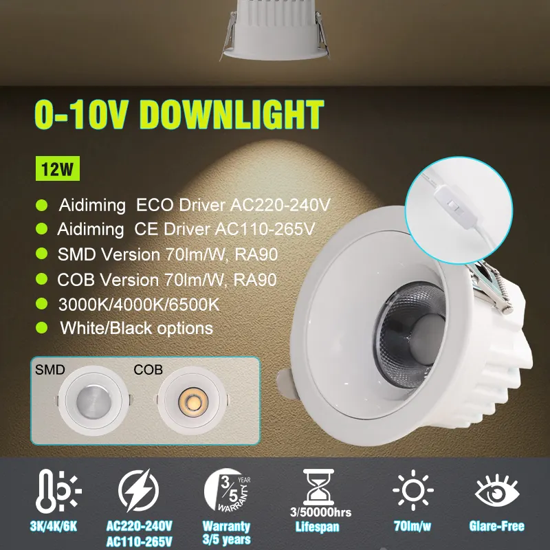 Adjustable Smart Dimmable Recessed LED Downlight 12W 1-10V